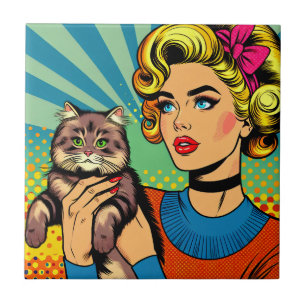 Cartoon Comic Pop Kunst Vrouwen Holding Cat Tegeltje