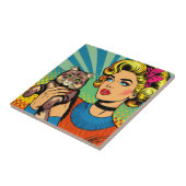 Cartoon Comic Pop Kunst Vrouwen Holding Cat Tegeltje (Zijkant)