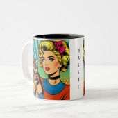 Cartoon Comic Pop Kunst Vrouwen Holding Cat Tweekleurige Koffiemok (Voorkant links)
