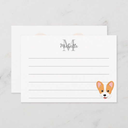 Cartoon Corgi Custom Lined Monogram Notitiekaartje (Voorkant / Achterkant)