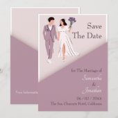 Cartoon Couple in Paarse bruiloft bewaart de datum Kaart (Voorkant / Achterkant)