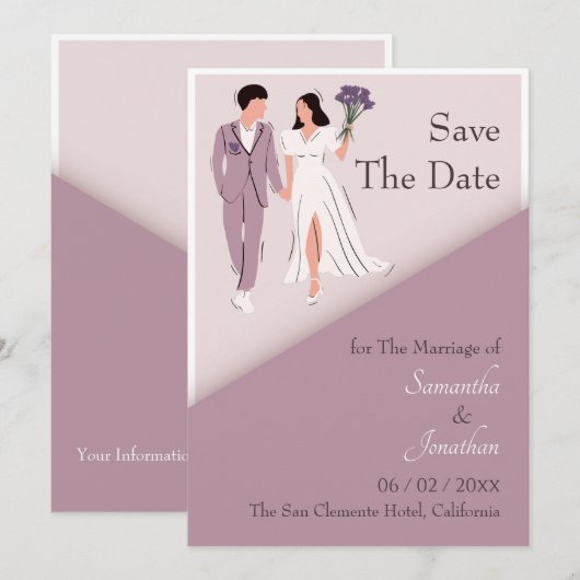 Cartoon Couple in Paarse bruiloft bewaart de datum Kaart (Voorkant / Achterkant)