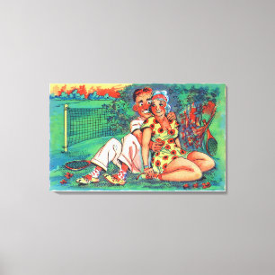 Cartoon Couple met Tennis Gear Canvas Afdruk