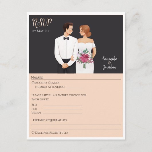 Cartoon Couple Modern Wedding RSVP Kaart (Voorkant)