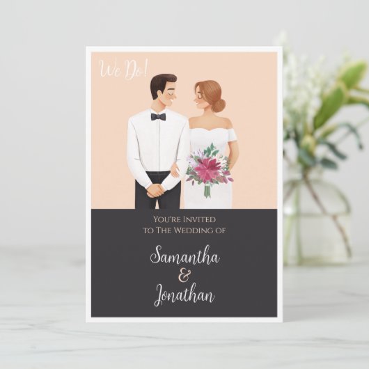 Cartoon Couple Modern Wedding Uitnodiging (Staand voorkant)
