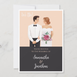 Cartoon Couple Modern Wedding Uitnodiging