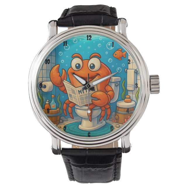 Cartoon Crab Reading in Underwater-themed Bathroom Horloge (Voorkant)