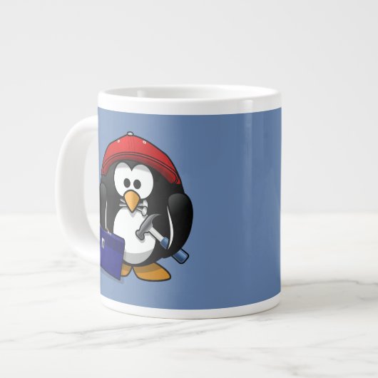 Cartoon Craftsman Penguin met Blue Background Grote Koffiekop (Links)