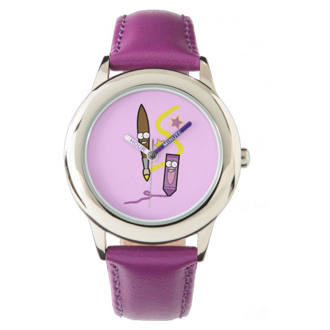 Cartoon Crayon en Paintbrush Horloge (Voorkant)