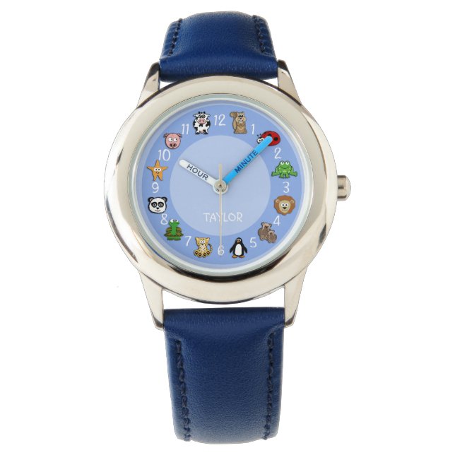 Cartoon Critters met naam Sjabloon blauw Horloge (Voorkant)