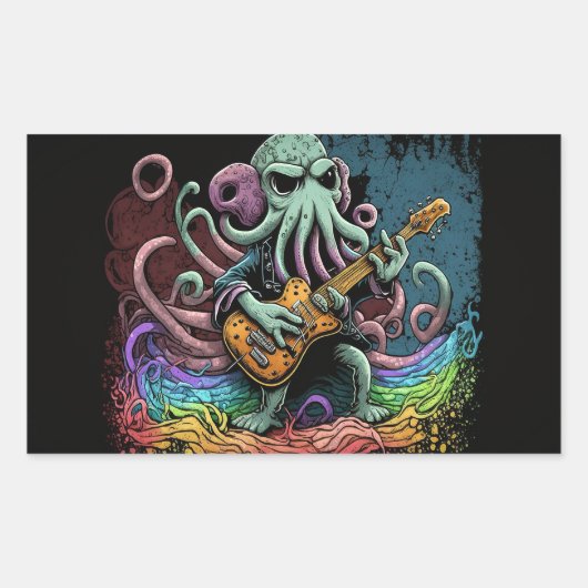 Cartoon Cthulhu Rock 'n Roll Rechthoekige Sticker (Voorkant)