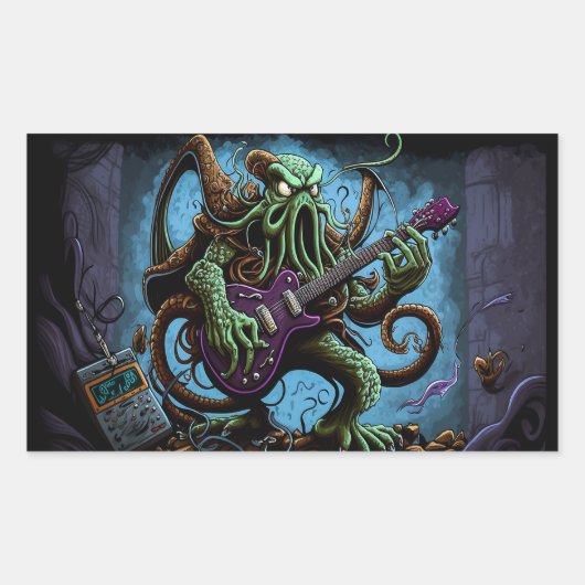 Cartoon Cthulhu Rock 'n Roll Rechthoekige Sticker (Voorkant)