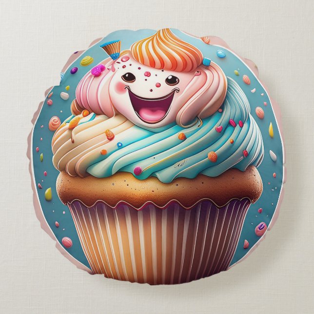 Cartoon Cupcake Rond Kussen - Whimsical en Plezier (Voorkant)