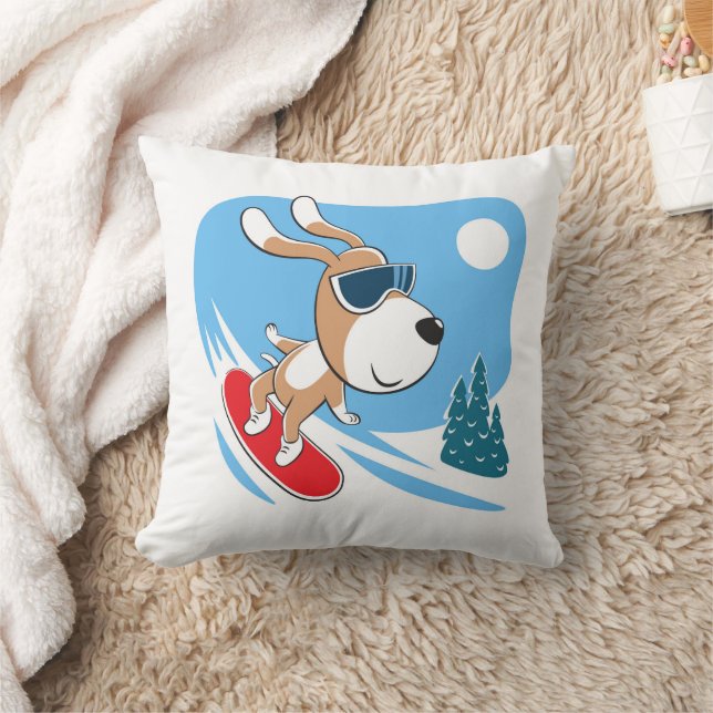 Cartoon Cute Funny Dog Puppy Snowboard Winter Sun Kussen (Deken)