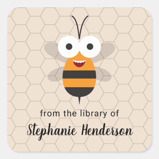 Cartoon Cute Funny Honey Bee Honeycomb Bookplaat Vierkante Sticker (Voorkant)