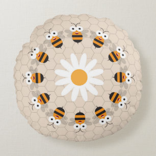 Cartoon Cute Funny Honey Bee Honeycomb Rond Kussen