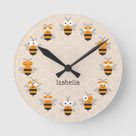Cartoon Cute Funny Honey Bee Honeycomb Ronde Klok