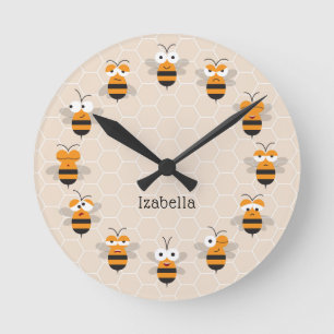 Cartoon Cute Funny Honey Bee Honeycomb Ronde Klok