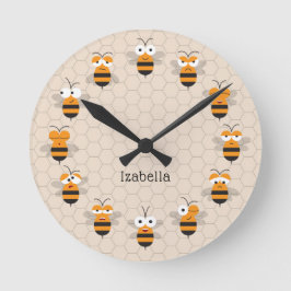 Cartoon Cute Funny Honey Bee Honeycomb Ronde Klok