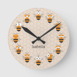 Cartoon Cute Funny Honey Bee Honeycomb Ronde Klok