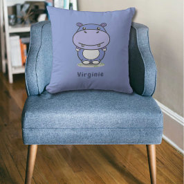 Cartoon Cute Hippo Blue Pillow Kussen