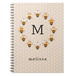 Cartoon Cute Monogram Honey Bee Honeycomb Notitieboek