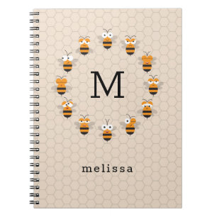 Cartoon Cute Monogram Honey Bee Honeycomb Notitieboek