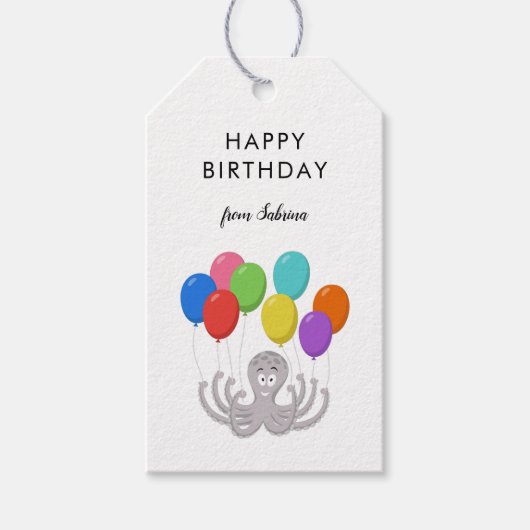 Cartoon Cute Octopus Happy Birthday-ballonnen Cadeaulabel (Voorkant)