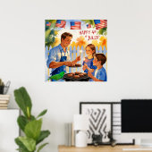 Cartoon Dad Grillen & Kinderen met Sparklers Poster (Thuiskantoor)