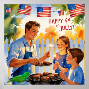 Cartoon Dad Grillen & Kinderen met Sparklers Poster