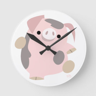 Cartoon Dancing Pig Clock Ronde Klok