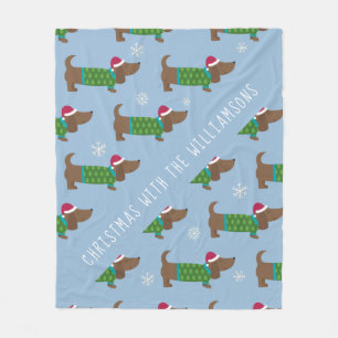 Cartoon Daschund kerstscene Fleece Blanket