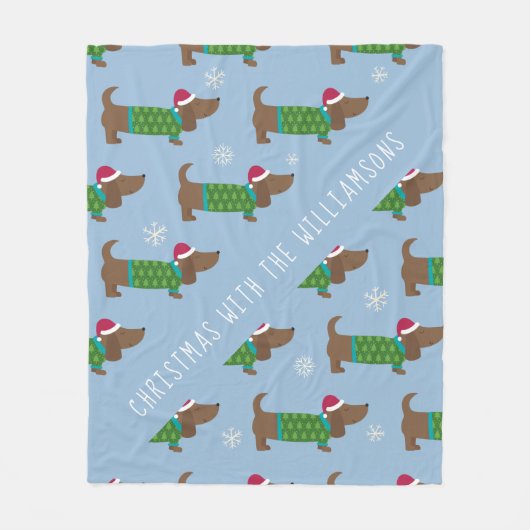 Cartoon Daschund kerstscene Fleece Blanket Deken (Voorkant)