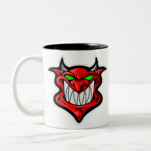 Cartoon demon face head satan tweekleurige koffiemok