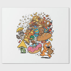 Cartoon dieren met vallende snacks in isolatie op  cadeaupapier