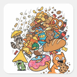 Cartoon dieren met vallende snacks in isolatie op vierkante sticker