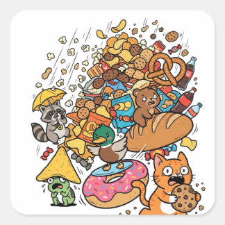 Cartoon dieren met vallende snacks in isolatie op vierkante sticker
