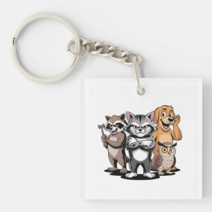 Cartoon Dieren Team Karakter Illustratie Sleutelhanger