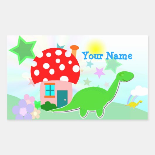 Cartoon Dino & Mushroom House Naam Sticker (Voorkant)