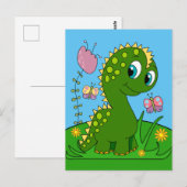 Cartoon Dinosaur, bloemen en vlinders Briefkaart (Voorkant / Achterkant)