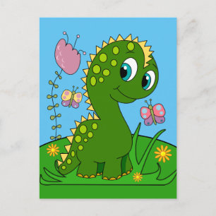 Cartoon Dinosaur, bloemen en vlinders Briefkaart