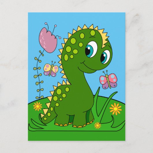 Cartoon Dinosaur, bloemen en vlinders Briefkaart (Voorkant)