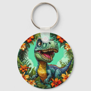Cartoon Dinosaur en Levendige Tropische Bloemen Sleutelhanger