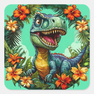 Cartoon Dinosaur en Levendige Tropische Bloemen Vierkante Sticker