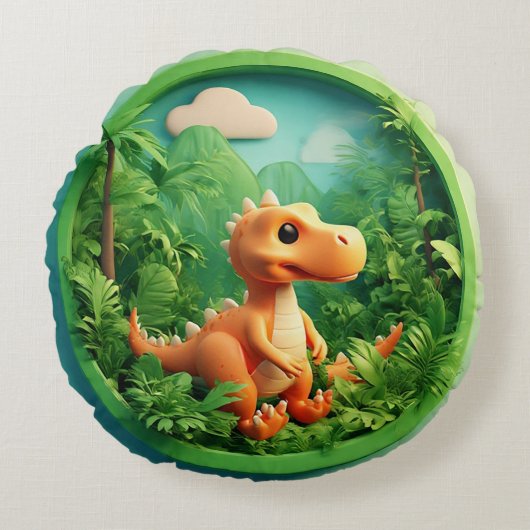 Cartoon Dinosaur in Bamboebos Rond Kussen (Voorkant)