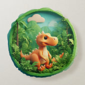 Cartoon Dinosaur in Bamboebos Rond Kussen (Achterkant)