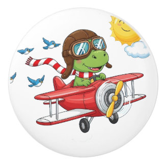 Cartoon Dinosaur Pilot Flying Red Airplane Keramische Knop