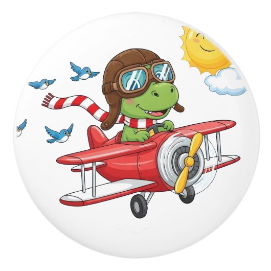 Cartoon Dinosaur Pilot Flying Red Airplane Keramische Knop (Voorkant)