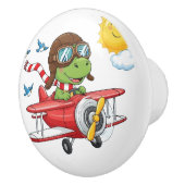 Cartoon Dinosaur Pilot Flying Red Airplane Keramische Knop (Rechts)