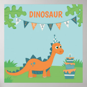 Cartoon dinosaur verjaardagstaart blaast kaars poster
